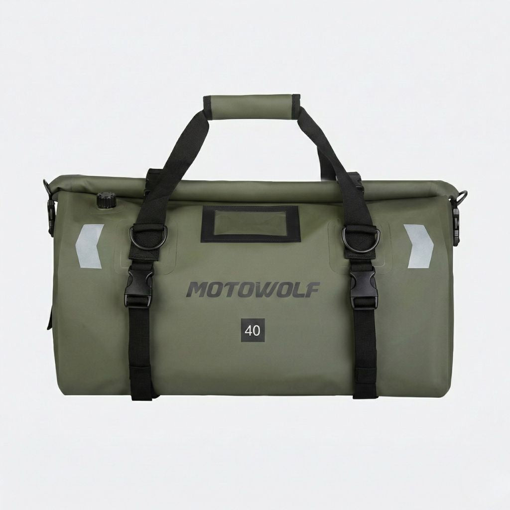 Duffle bag étanche vert kaki 40L, poignée rigide, bandes réfléchissantes et sangles de fixation pour bagage moto