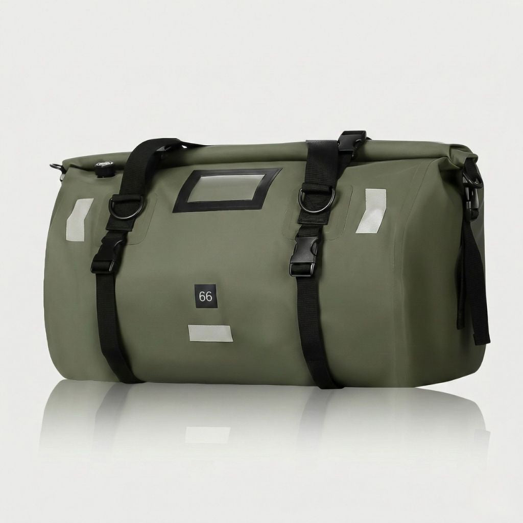 Sac de voyage étanche vert kaki 66L cylindrique avec bandes réfléchissantes et fermeture roll-top pour bagage moto