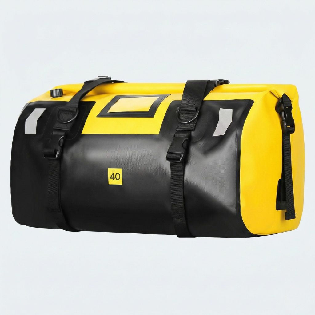 Duffle bag étanche jaune et noir 40L avec bandes réfléchissantes argentées et sangles de compression pour moto