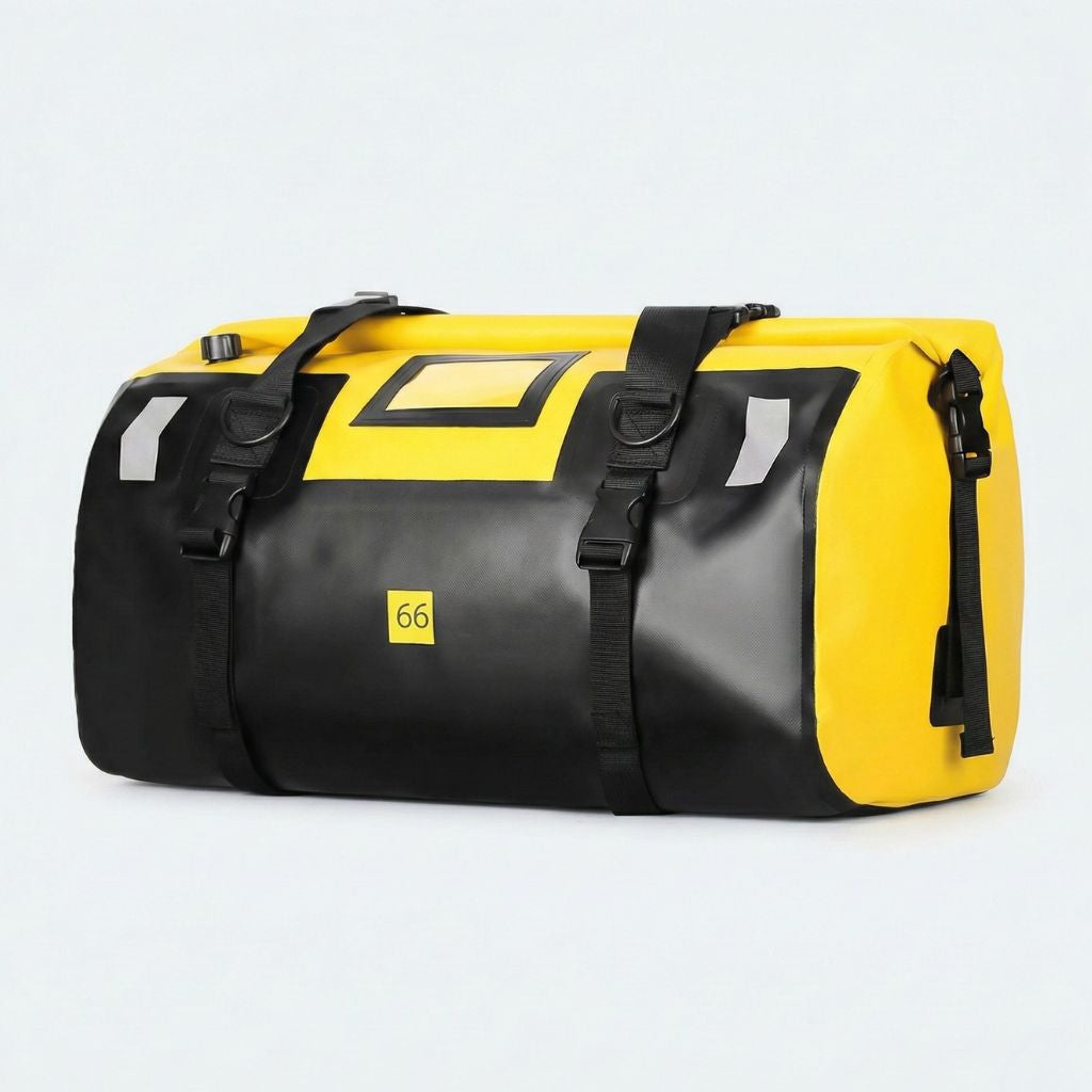 Sac de voyage étanche bicolore jaune et noir 66L avec bandes réfléchissantes et système de fixation pour moto