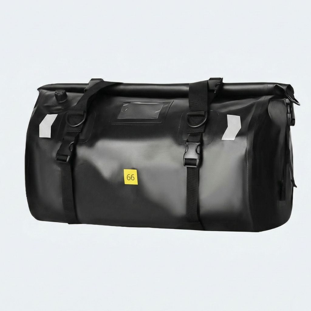 Sac de voyage étanche entièrement noir 66L avec bandes réfléchissantes et sangles de compression pour bagage moto