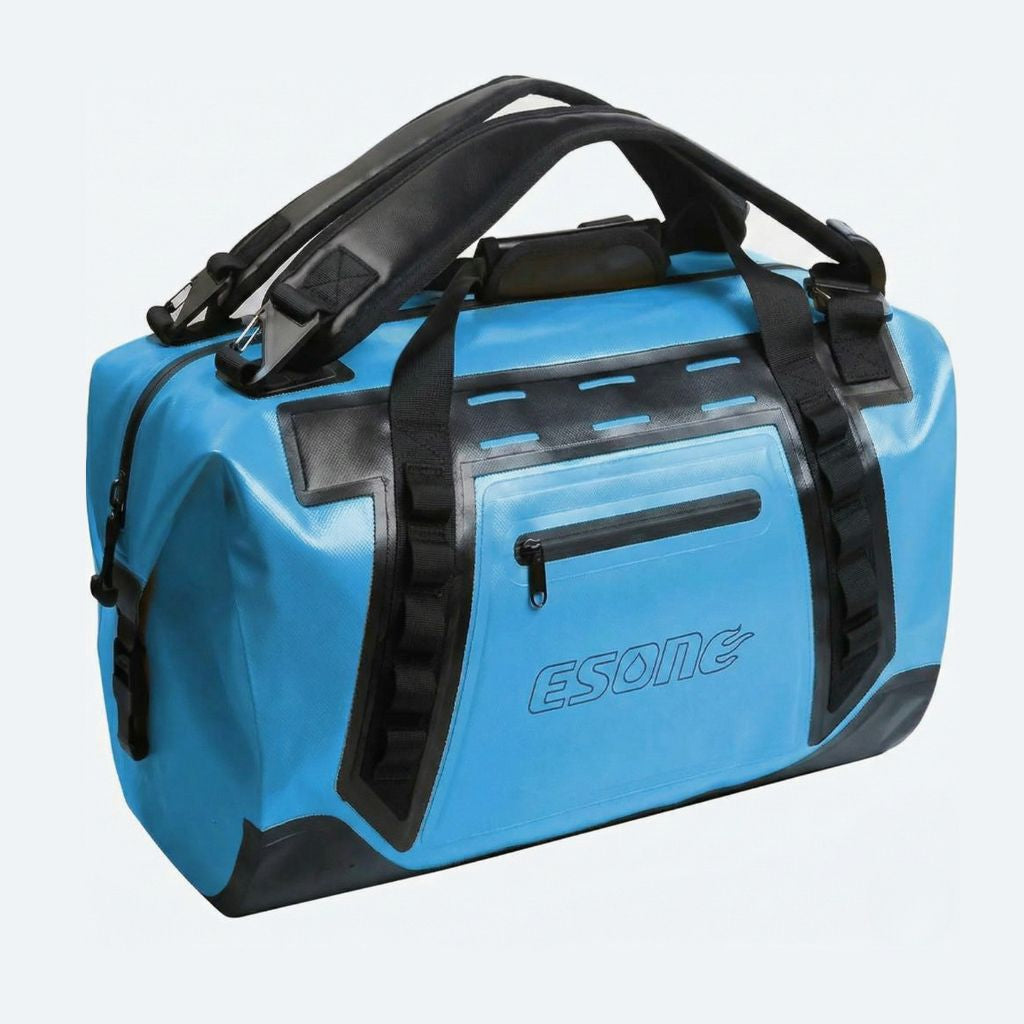 Duffle bag étanche bleu 50L, vue 3/4, double poignée de transport, poche frontale zippée et sangles de fixation