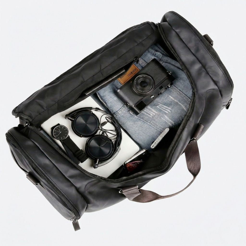 Vue du dessus du bagage cabine ouvert : jean, appareil photo, casque audio, montre et ordinateur blanc rangés Image