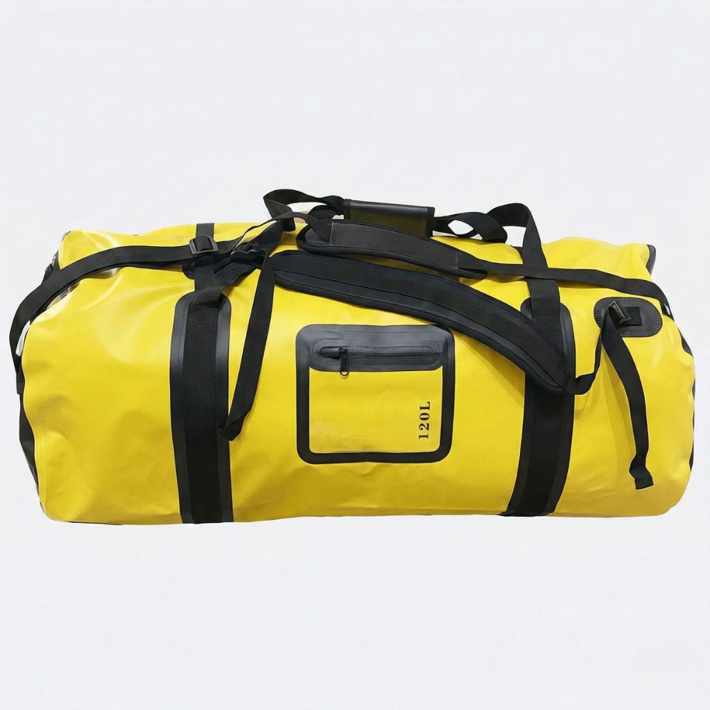 Grand sac de voyage étanche jaune 120L face avant, poche frontale zippée et sangles de compression latérales