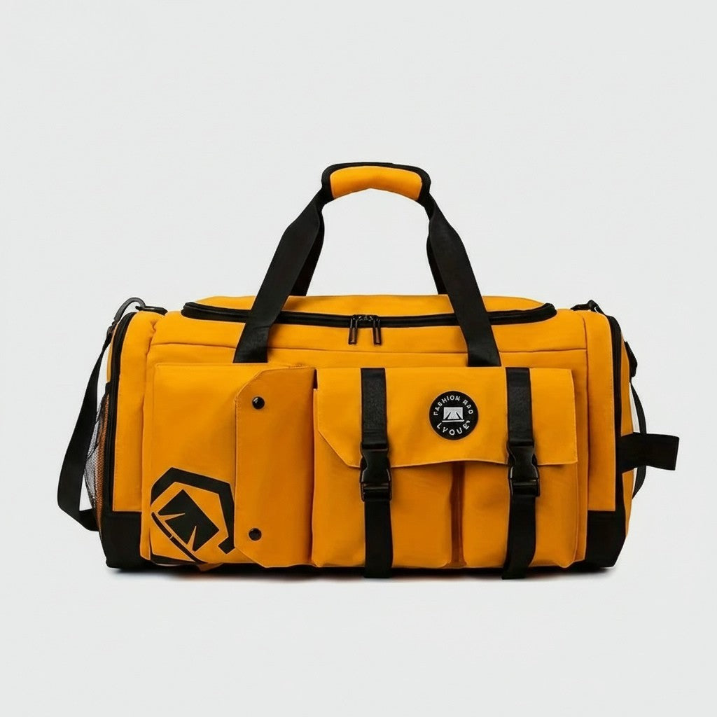 Sac de voyage sport cylindrique jaune, poignées noires, poches frontales multifonctions avec sangles et badge rond