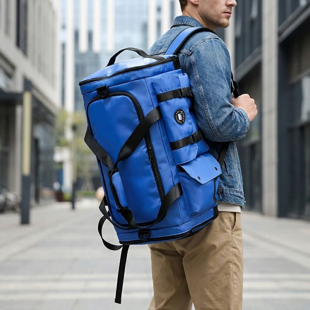 Homme portant un grand sac de voyage bleu en mode sac à dos dans une rue urbaine, bretelles et sangles apparentes Image