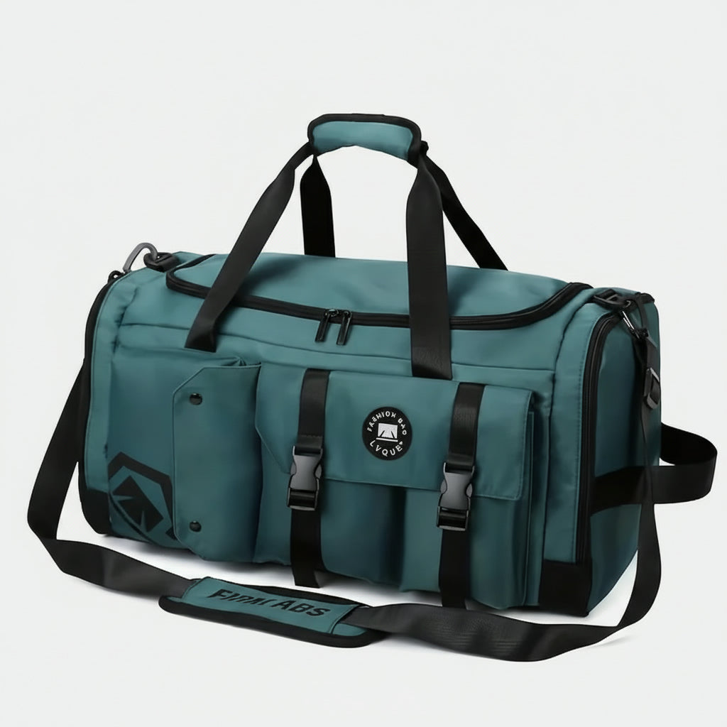 Sac de voyage sport cylindrique vert sarcelle, poignées noires, poches frontales avec sangles et bandoulière