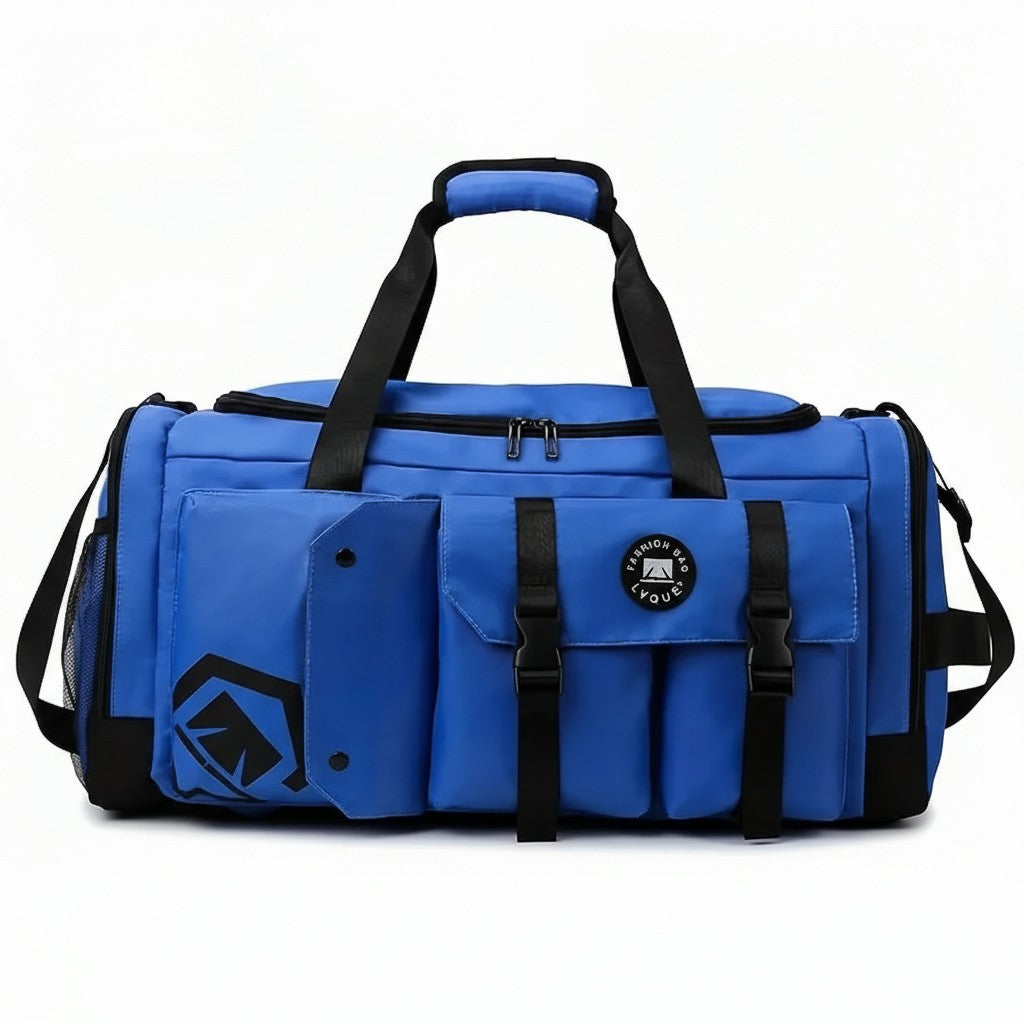 Sac de voyage sport cylindrique bleu, poignées noires, poches frontales avec sangles, filet latéral et bandoulière