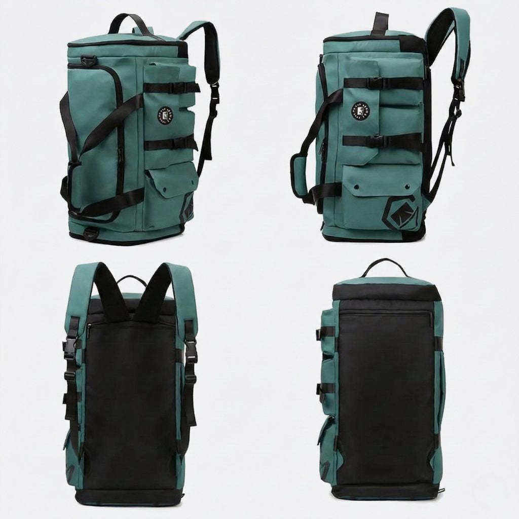 Sac de voyage convertible vert présenté sous quatre angles différents illustrant sa polyvalence sac à dos et duffle Image