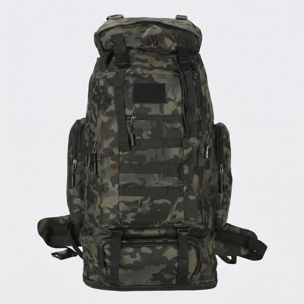Grand sac à dos tactique camouflage noir 100L de face avec poches MOLLE latérales et compartiment inférieur