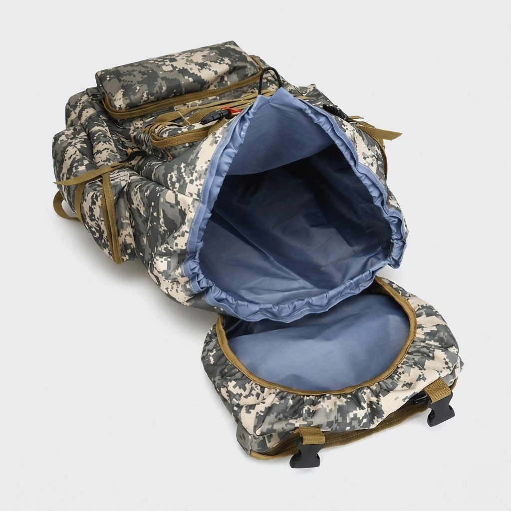 Sac à dos tactique camouflage digital ouvert montrant deux compartiments avec doublure intérieure bleue et poches Image