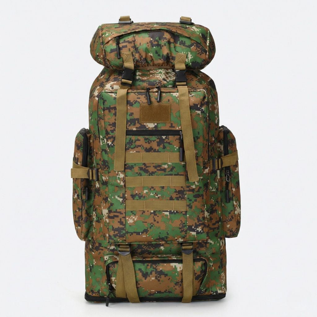 Grand sac à dos tactique camouflage vert digital 100L de face avec poches latérales et système MOLLE ventral