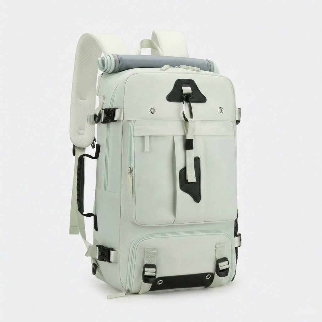 Sac à dos de voyage vert menthe multi-poches avec tapis de yoga fixé en haut, sangles réglables et attaches
