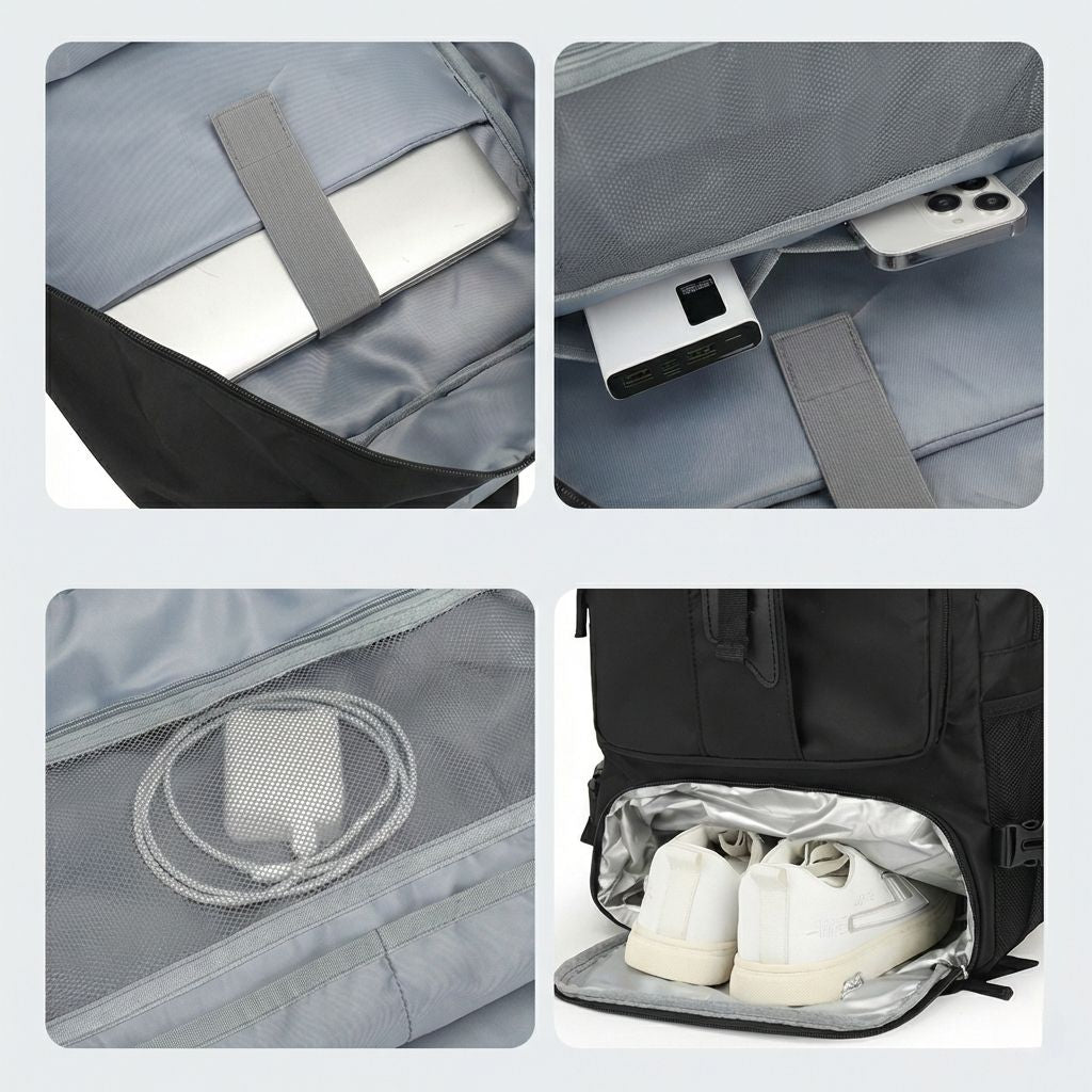 Détail des 4 compartiments du sac à dos de voyage : laptop, batterie externe, câble et poche chaussures