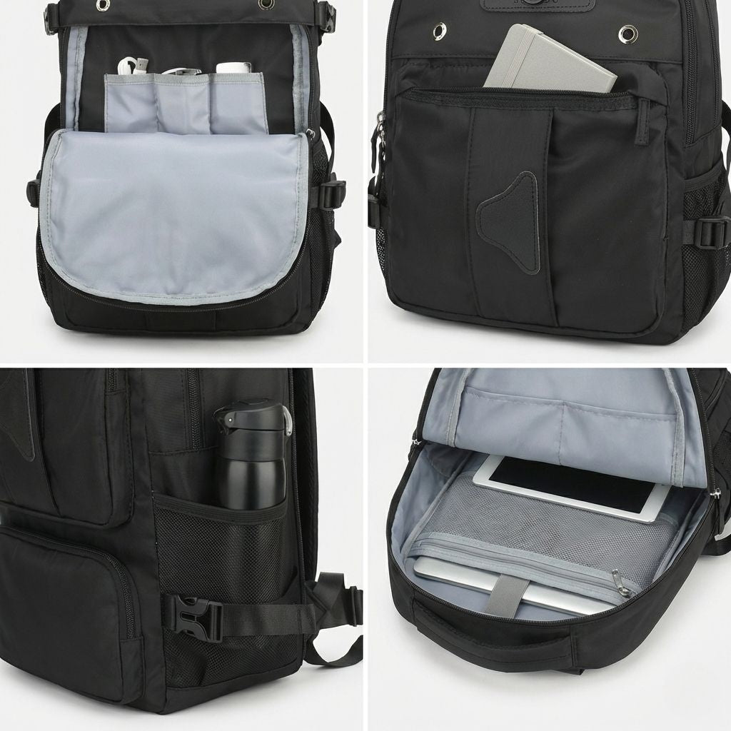 Vue d'ensemble des poches organisatrices du sac à dos de voyage : pochette, poche frontale, filet et tablette