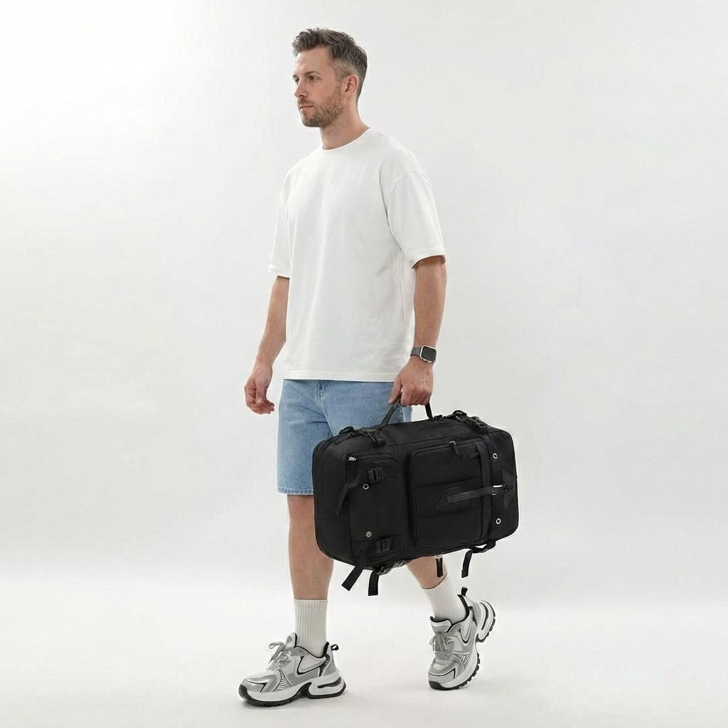 Homme portant le grand sac de voyage noir à la main par ses poignées, en mode sac de sport, vue de face