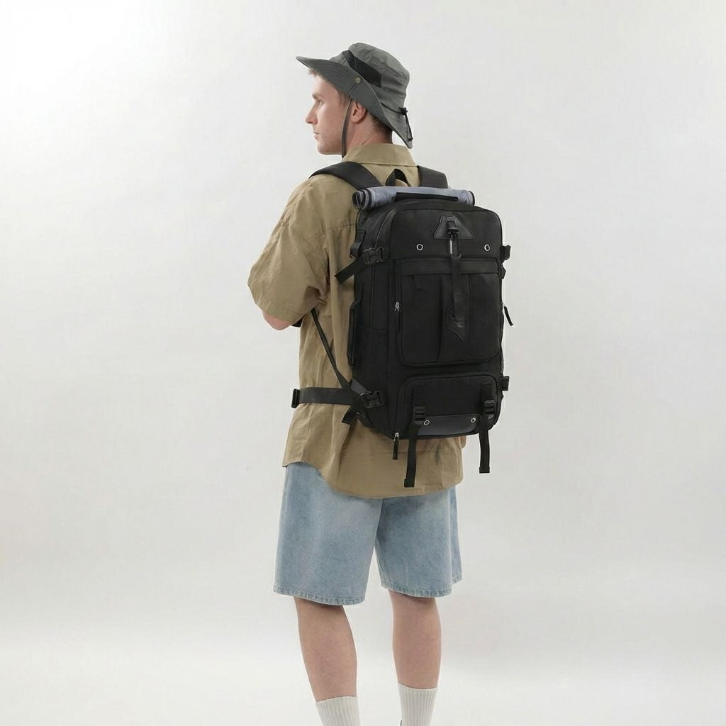Homme portant le sac à dos de voyage noir en randonnée, chapeau de brousse, vu de dos avec tapis de yoga