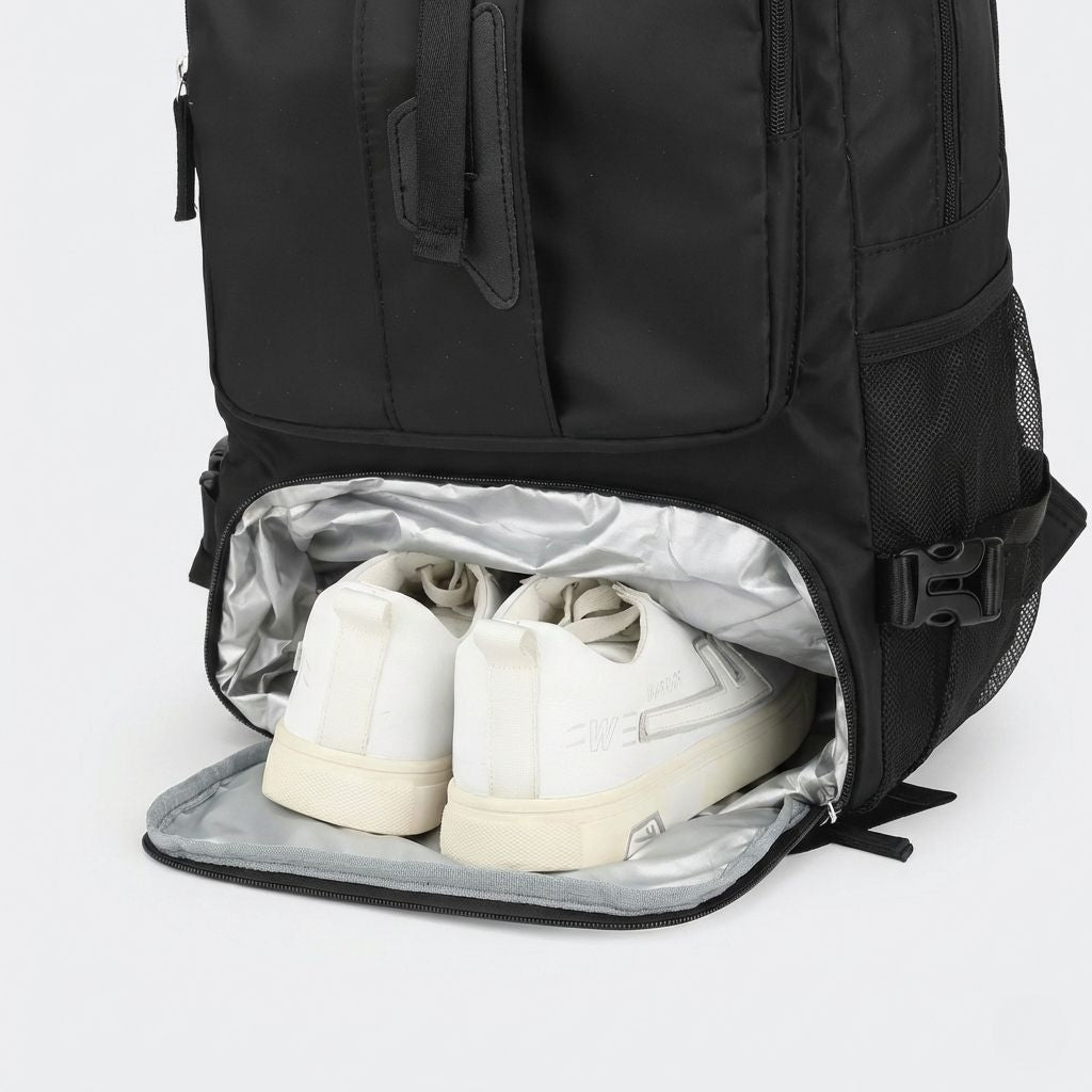 Poche à chaussures isolée du sac à dos de voyage noir ouverte, avec deux sneakers blanches et doublure argentée