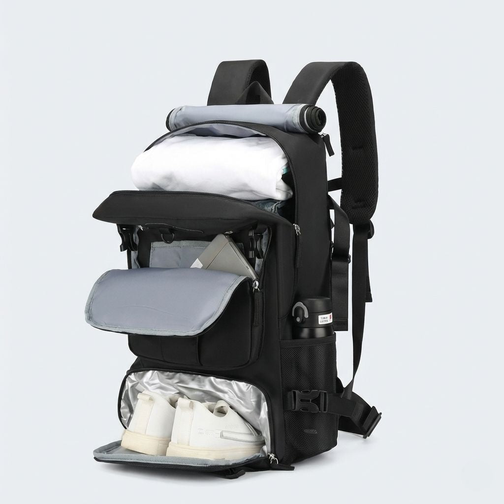 Sac à dos de voyage noir ouvert révélant le compartiment principal, la pochette laptop et les chaussures Image