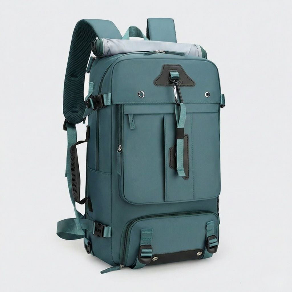 Sac à dos de voyage vert canard multi-poches avec tapis de yoga roulé, bretelles et sangles de même couleur