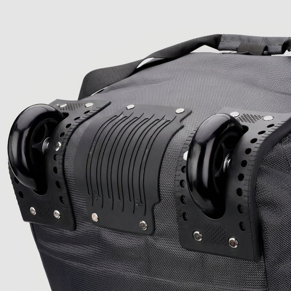 Gros plan des roulettes doubles noires du sac gris anthracite montées sur châssis métal résistant