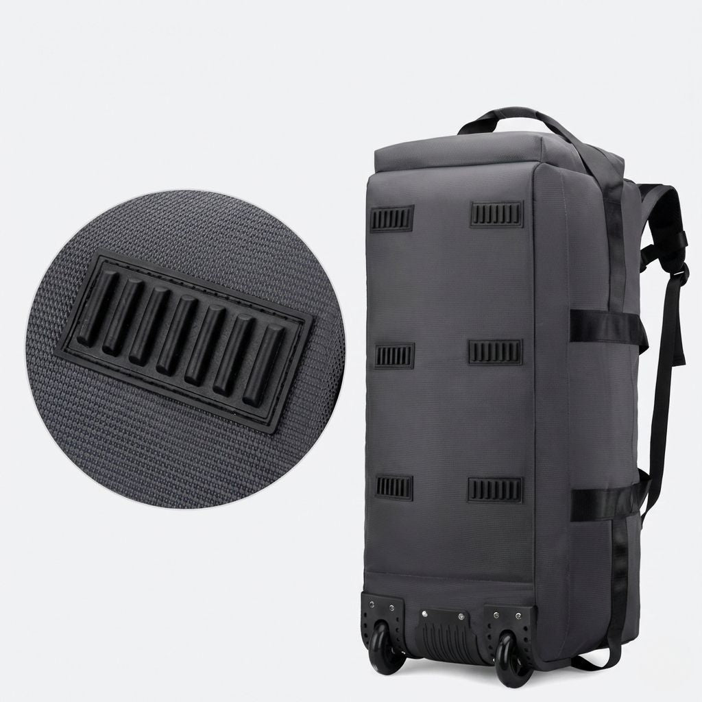Vue de côté du sac gris anthracite en mode trolley avec gros plan sur les patins caoutchouc antidérapants
