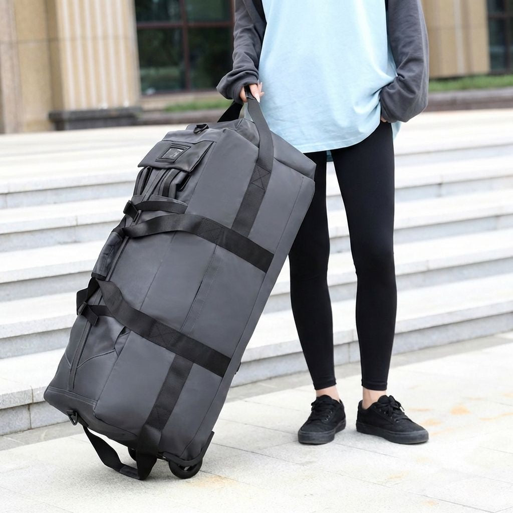Lifestyle : femme tirant le sac de voyage gris anthracite en mode trolley dans un escalier urbain