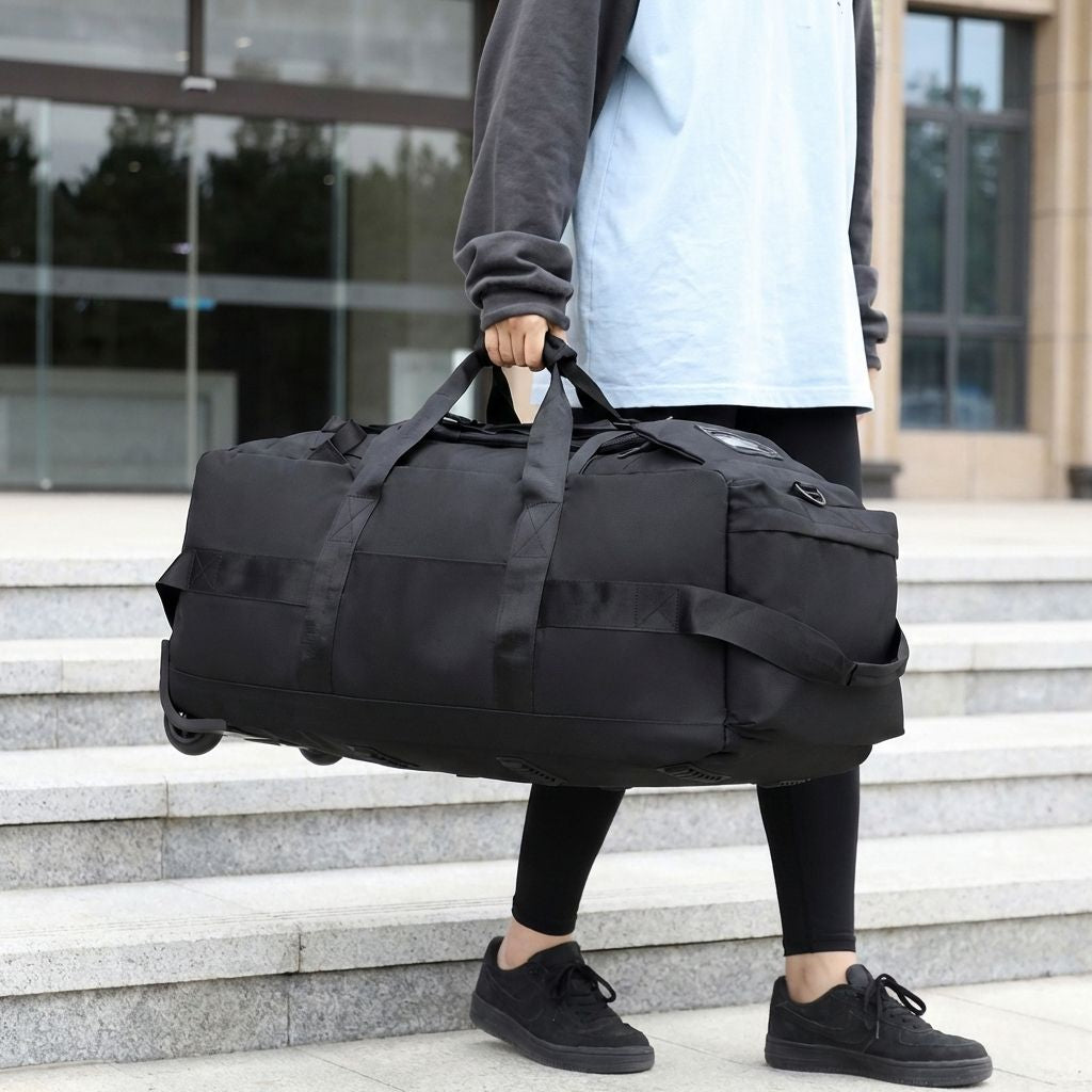 Lifestyle : femme portant le sac de voyage noir par les poignées en mode duffel dans un escalier
