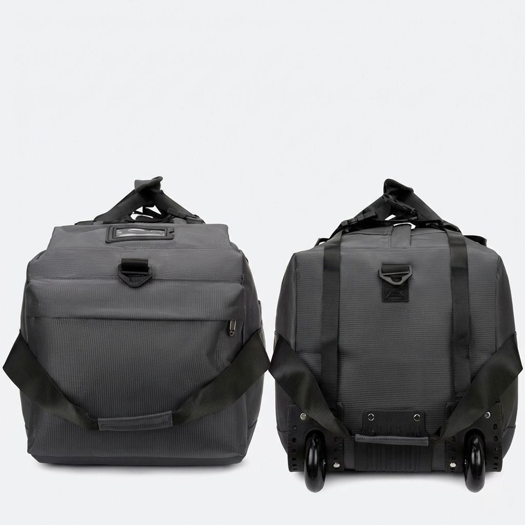 Comparatif du sac gris anthracite : vue avant en mode mini duffel et vue arrière avec roulettes doubles