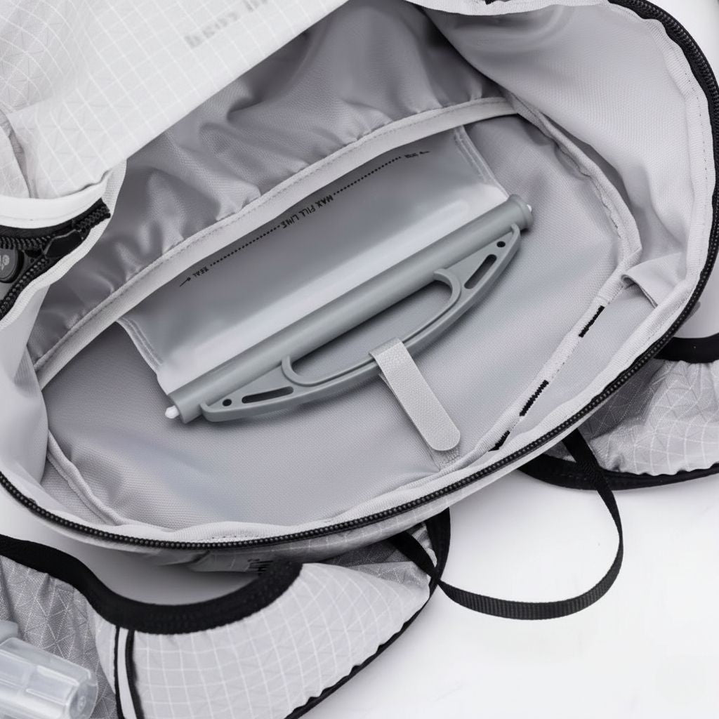 Intérieur du sac à dos de randonnée léger gris avec poche d'hydratation, tube et passant de maintien Image