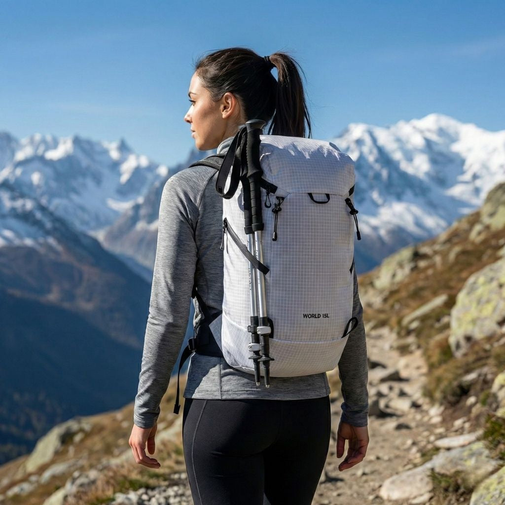 Randonneuse de dos en montagne enneigée portant le sac à dos de randonnée léger blanc 15L avec bâton Image