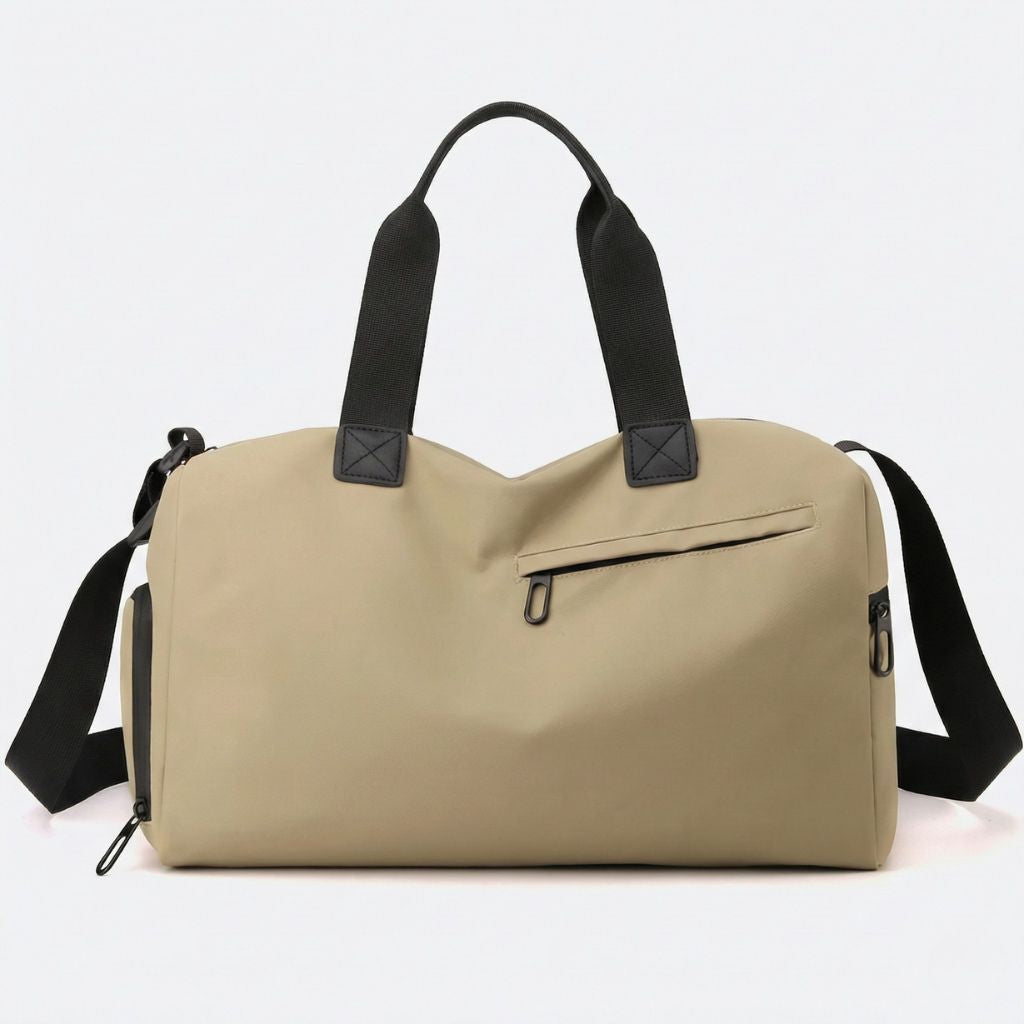 Petit sac de voyage imperméable beige avec doubles poignées noires et poche frontale zippée