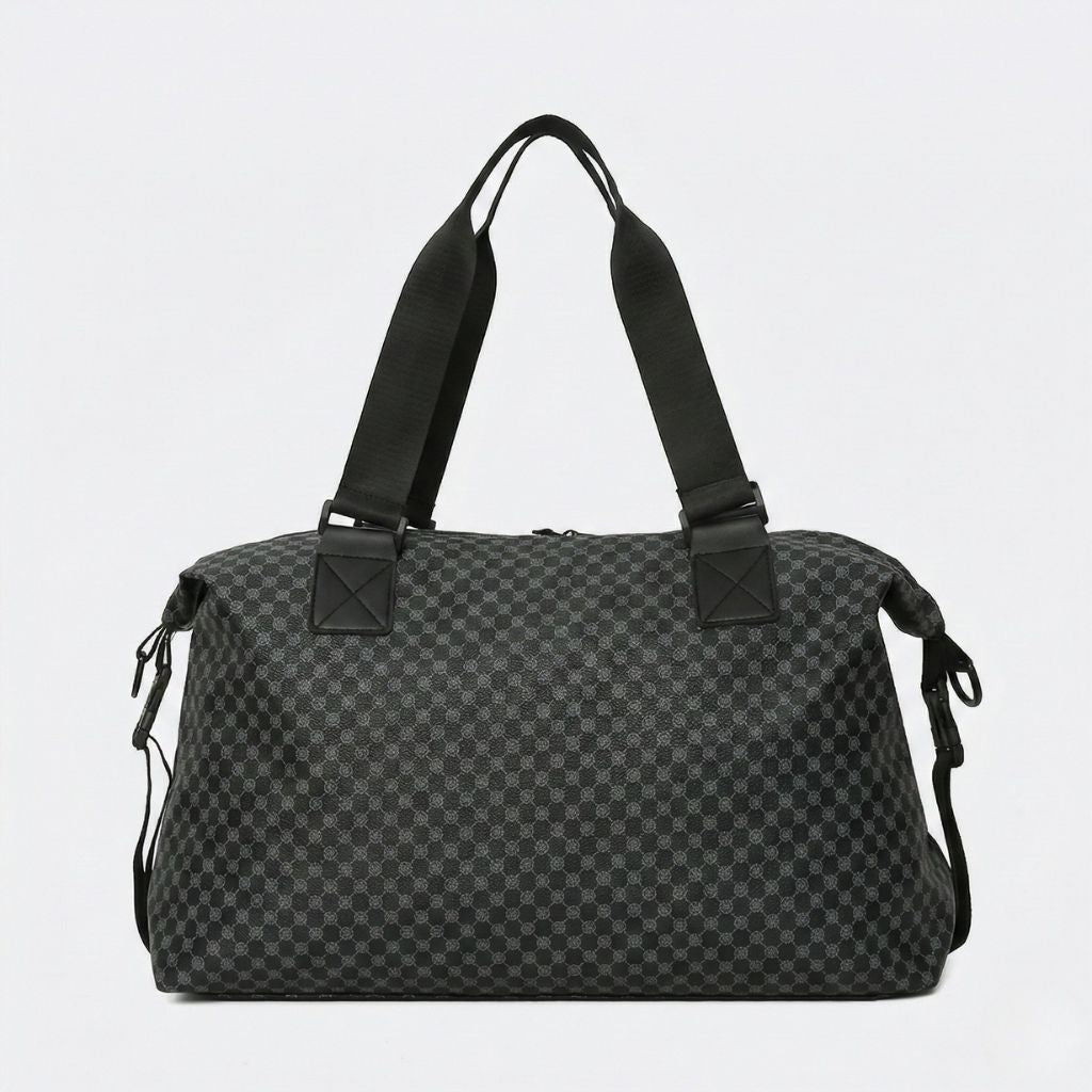 Dos du sac cabine damier noir et gris anthracite avec sangles noires et fermetures latérales à lacets