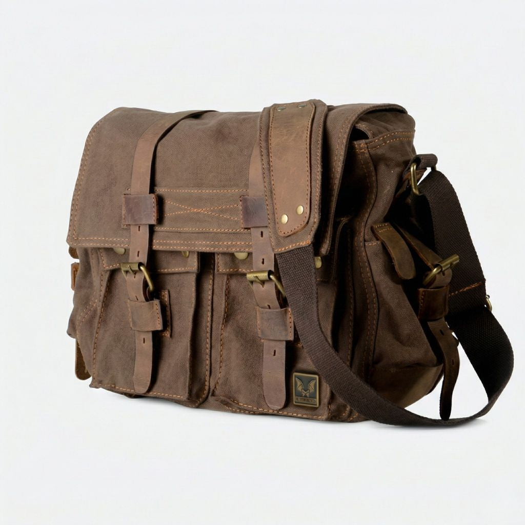Sac besace XL marron chocolat waxé vue 3/4 : quatre poches à boucles laiton et surpiqûres contrastantes