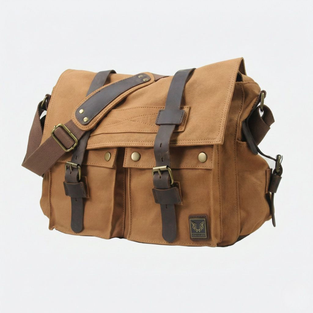 Sac besace XL camel doré vue 3/4 : quatre poches à boucles cuir laiton, grand rabat rabattable et bandoulière