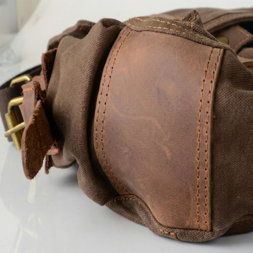 Gros plan sur la poche avant en cuir de vachette marron d'une besace en canvas épais avec boucle laiton Image