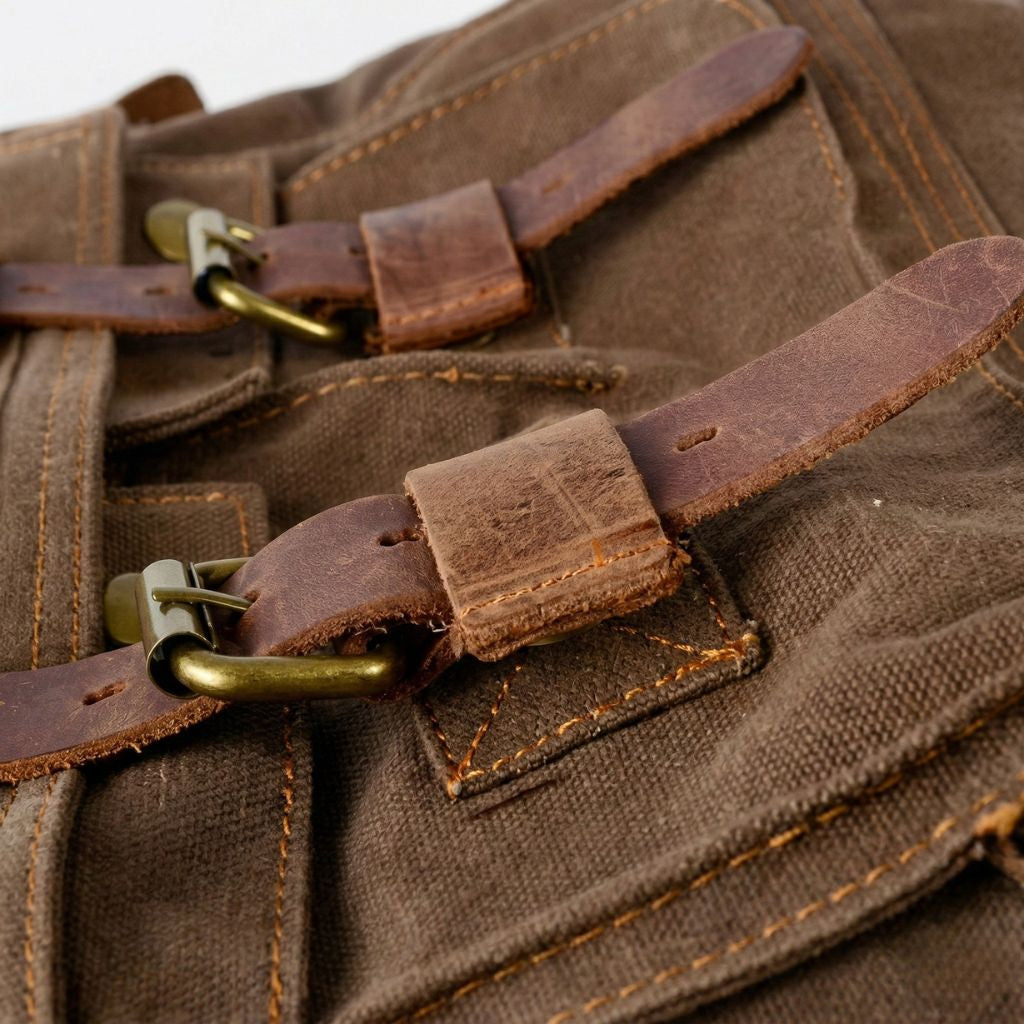Gros plan du D-ring laiton et de la lanière cuir sur le canvas vert kaki washed du sac besace XL