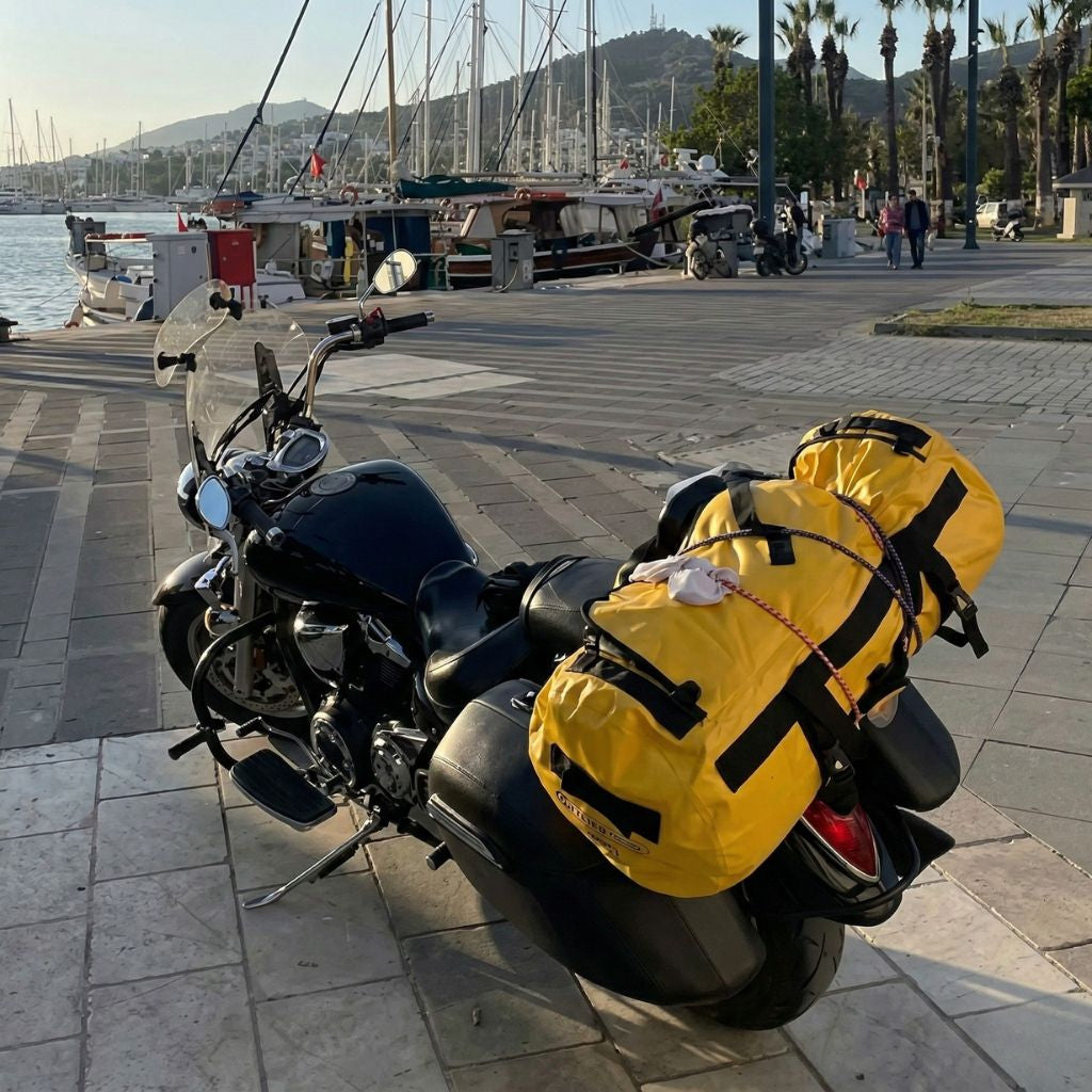 Sac de voyage étanche jaune fixé sur une moto noire garée devant un port méditerranéen, voiliers en arrière-plan Image