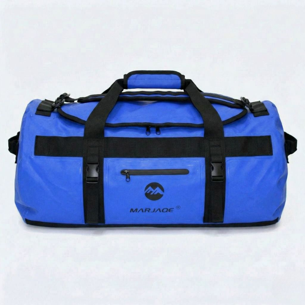 Sac de voyage étanche bleu vif grand format vue frontale, bretelles sac à dos rembourrées et poche frontale