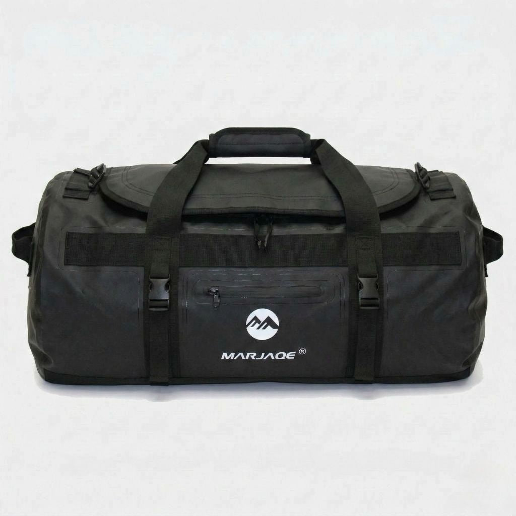 Sac étanche moto noir anthracite grand format, vue frontale avec poignée de transport rembourrée sur le dessus