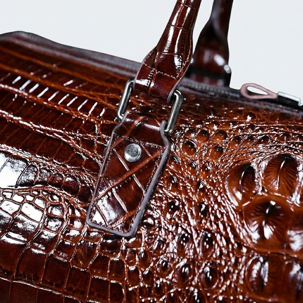 Détail de la fixation de poignée et crête de croco brun brillant en haut du sac de voyage cabine