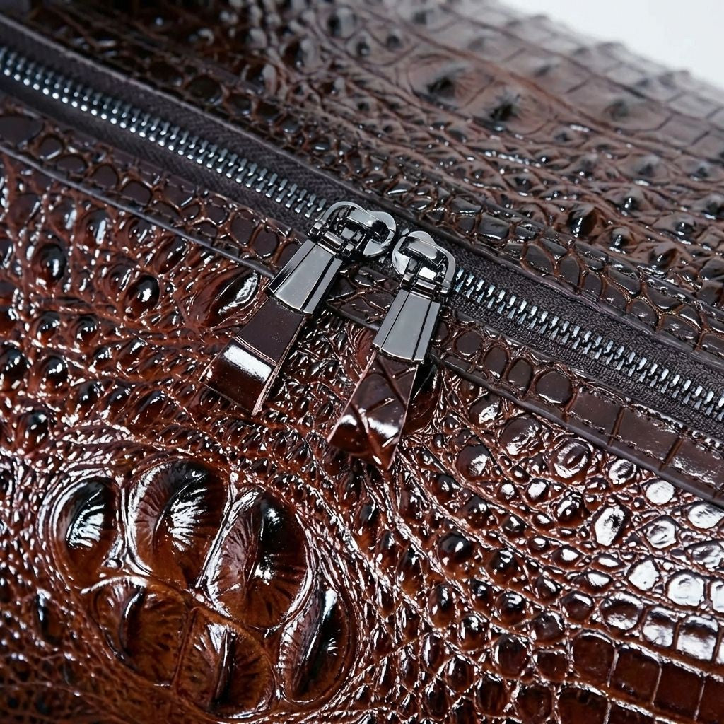 Gros plan sur la double fermeture éclair en métal gunmetal du sac de voyage cuir croco brun