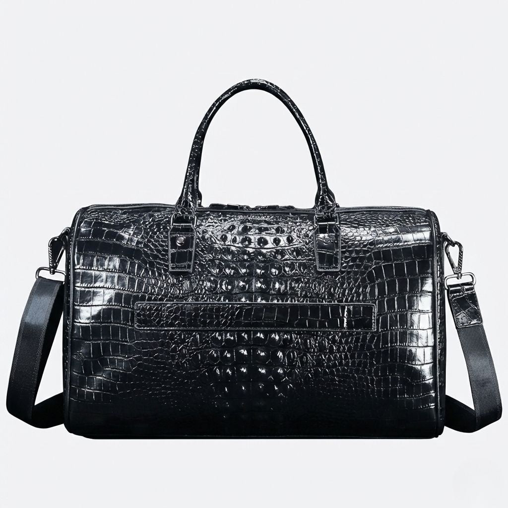 Vue de face du sac de voyage cuir croco noir brillant, poche plate intégrée et bandoulière en tissu noir