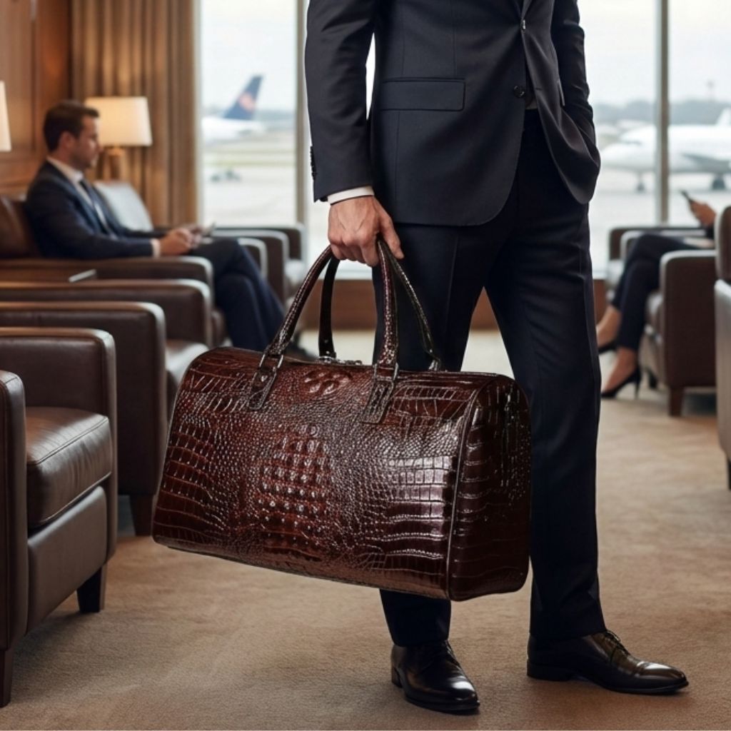 Homme en costume tenant le sac de voyage cuir croco marron par les poignées dans un salon d'aéroport