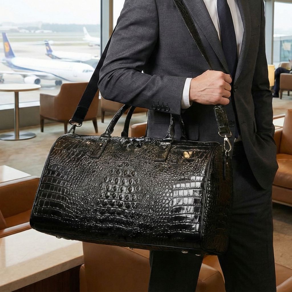 Homme en costume gris portant un sac de voyage en cuir noir verni motif croco à l'épaule dans un salon d'aéroport. Image