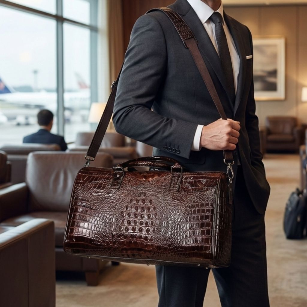 Homme en costume portant le sac de voyage cuir croco marron en bandoulière dans un salon d'aéroport