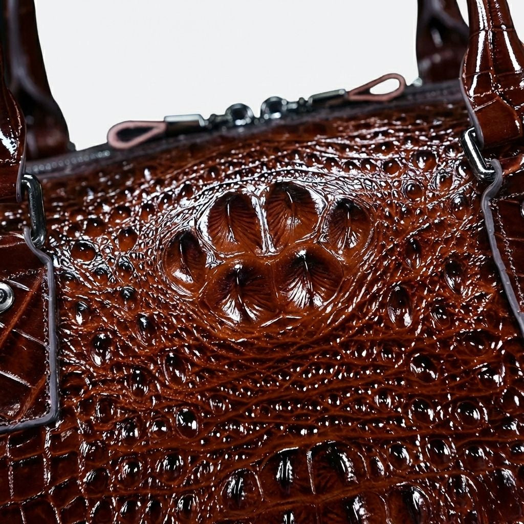Gros plan sur la crête dorsale du cuir croco brillant brun et les fixations de poignées en haut du sac