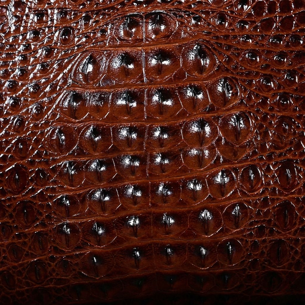 Gros plan sur le motif écailles de crocodile du cuir brun marron brillant du sac de voyage cabine