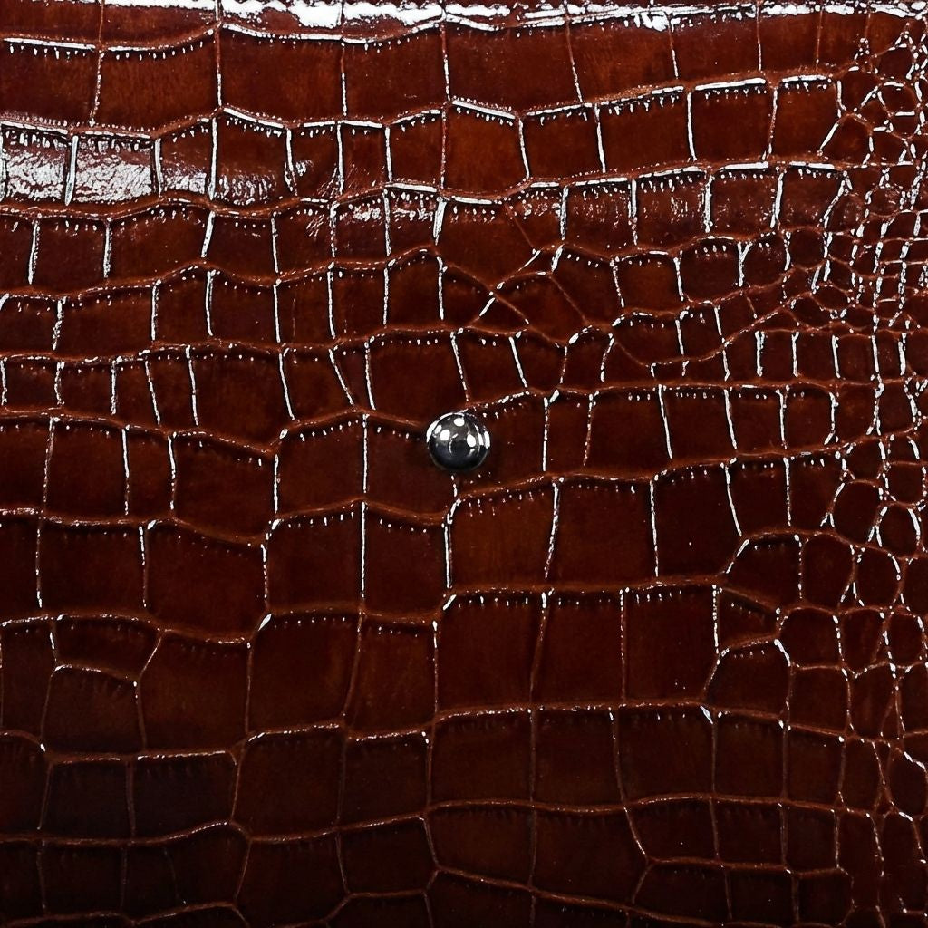 Détail du cuir croco brun verni avec rivet argenté et motif écailles reptile brillant visible