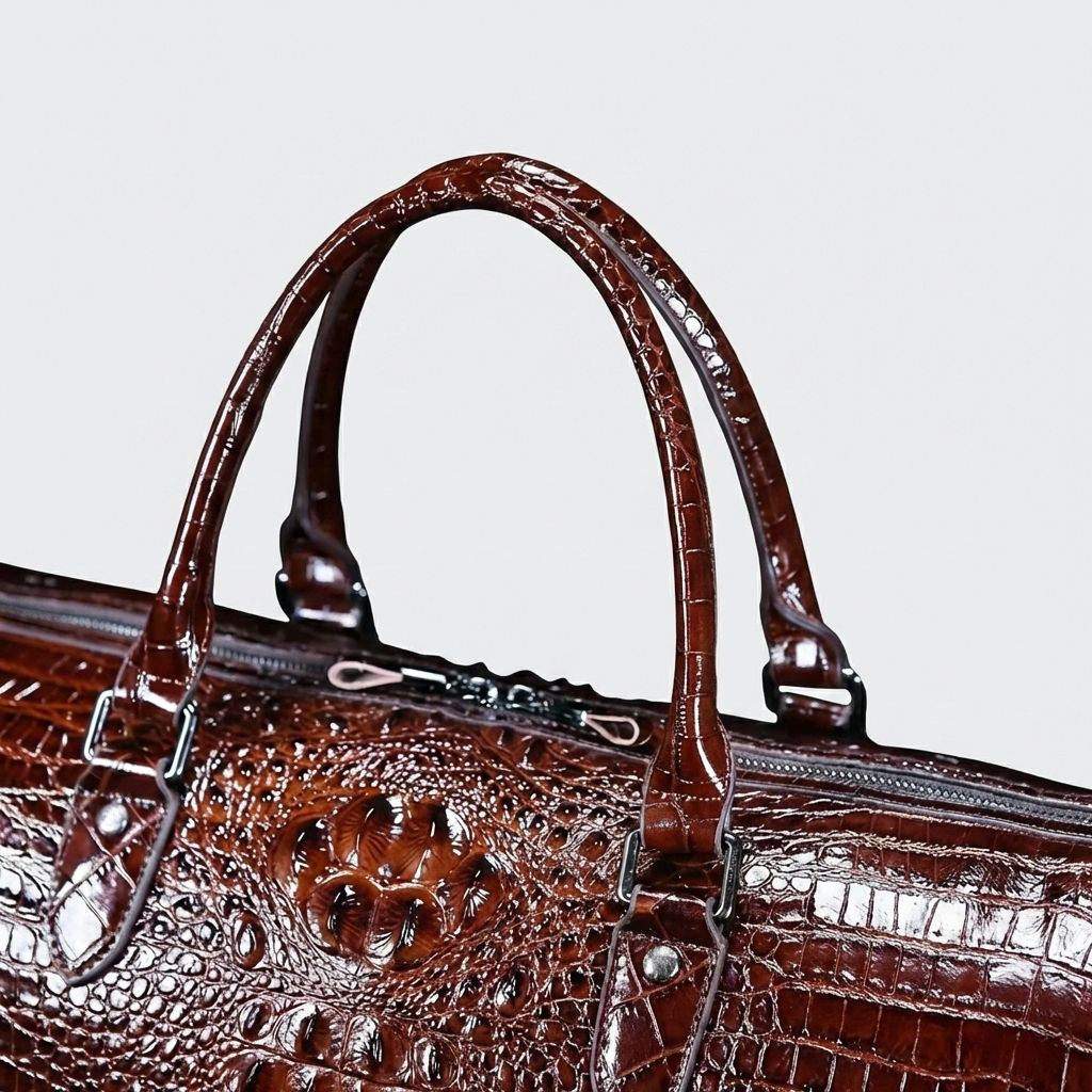 Gros plan sur les poignées hautes en cuir croco brun et la fermeture éclair supérieure du sac cabine